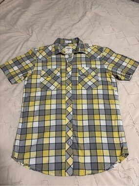 Fossil Vintage Fit Western Pearl Snap Shirt   Glass Cabochon Yellow & Blue Men M